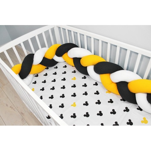 Baby Nellys Mantinel pletený vrkoč s obliečkami Mickey - biela, žltá, čierna - 120x90