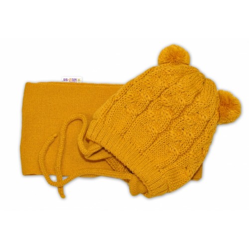 BABY NELLYS Zimná pletená čiapočka s šálom TEDDY - horčicová s brmbolcami, vel. 62/68 - 62-68 (3-6m)