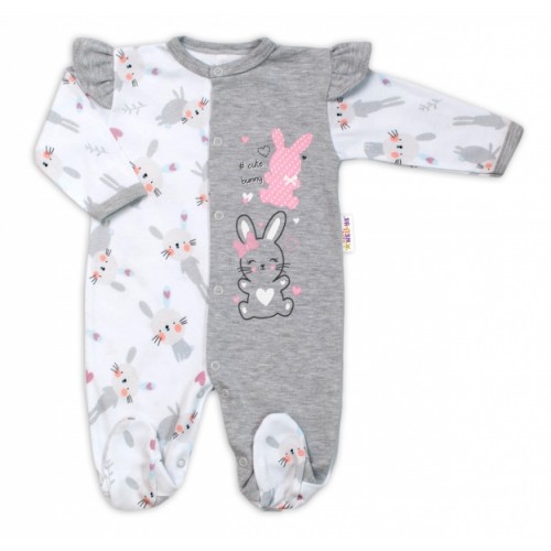 Baby Nellys Bavlnený dojčenský overal s volánkmi Cute Bunny - sivý, veľ. 86 - 86 (12-18m)