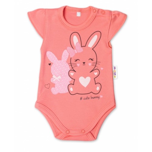 Baby Nellys Bavlnené dojčenské body, kr. rukáv, Cute Bunny - lososové - 56 (1-2m)
