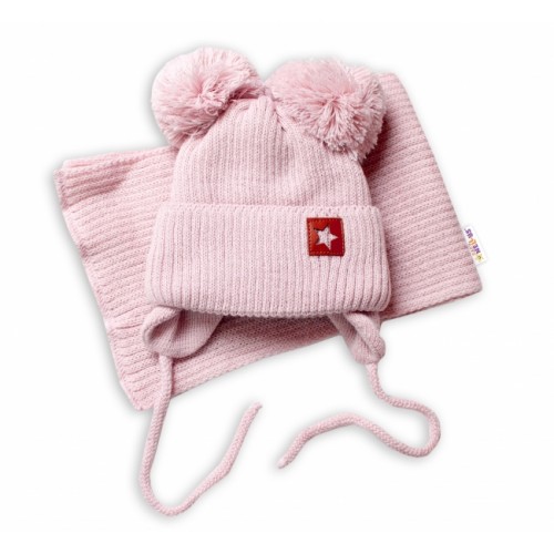 BABY NELLYS Zimná čiapka s šálom STAR - púdrová s brmbolcami - 56-68 (0-6 m)
