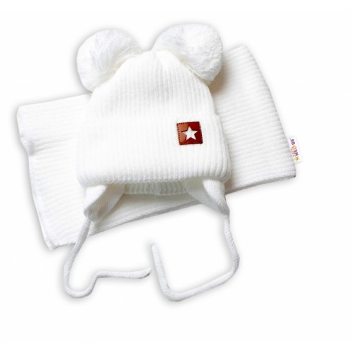 BABY NELLYS Zimná čiapka s šálom STAR - biela s brmbolcami - 56-68 (0-6 m)