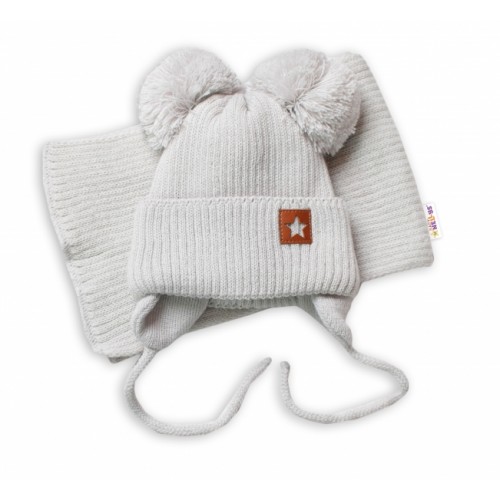 BABY NELLYS Zimná čiapka s šálom STAR - sivá s brmbolcami, veľ. 68/80 - 68-80 (6-12m)