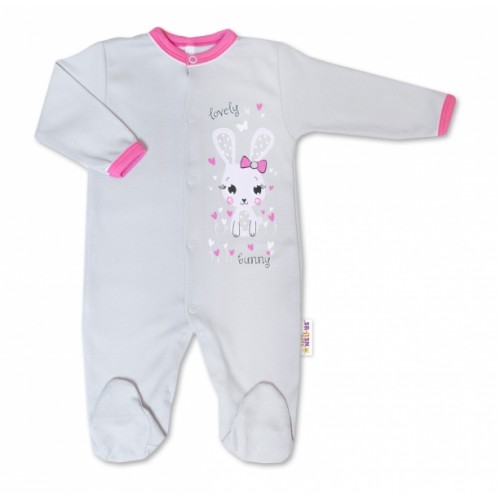 Baby Nellys Bavlnený dojčenský overal Lovely Bunny - sivý / ružový, veľ. 74 - 74 (6-9m)