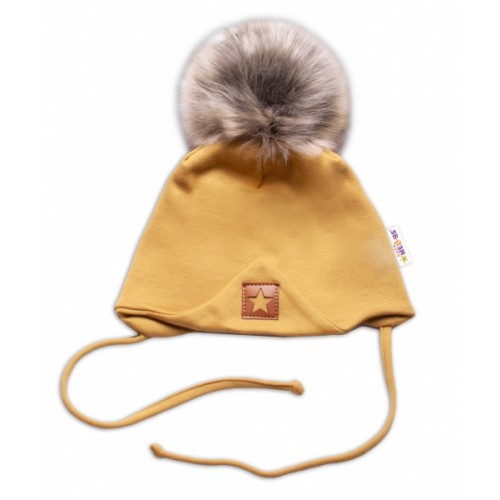 Baby Nellys Bavlnená dvojvrstvová čiapka s brmbolcom na zaväzovanie Star - horčicová - 56-68 (0-6 m)
