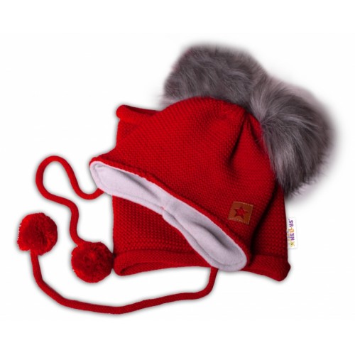BABY NELLYS Zimná čiapka s fleecom a chlupáčka. bambuľky Star + komínok - červená, 98/104 - 98-104 (2-4r)