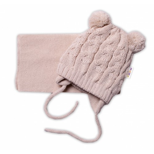 BABY NELLYS Zimná pletená čiapočka s šálom TEDDY - béžová s brmbolcami, vel. 62/68 - 62-68 (3-6m)