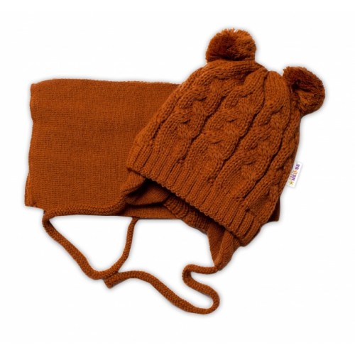 BABY NELLYS Zimná pletená čiapočka s šálom TEDDY - hnědá s brmbolcami, vel. 62/68 - 62-68 (3-6m)