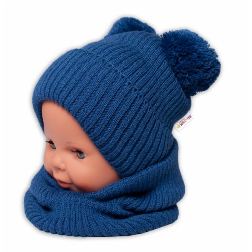 BABY NELLYS Zimná pletená čiapka + nákrčník - granát s brmbolcami - 92-98 (18-36m)