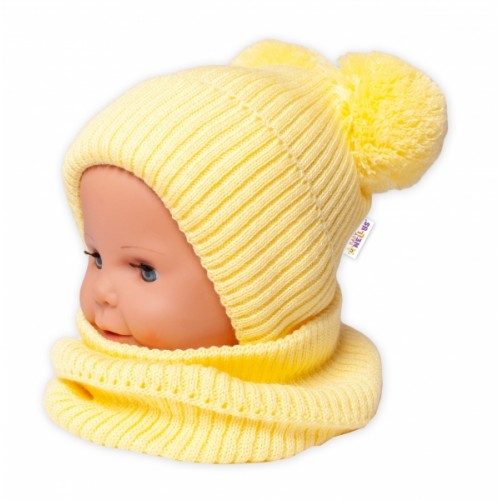 BABY NELLYS Zimná pletená čiapka + nákrčník - žltá s brmbolcami - 92-98 (18-36m)