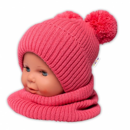 BABY NELLYS Zimná pletená čiapka + nákrčník - malina s brmbolcami - 92-98 (18-36m)