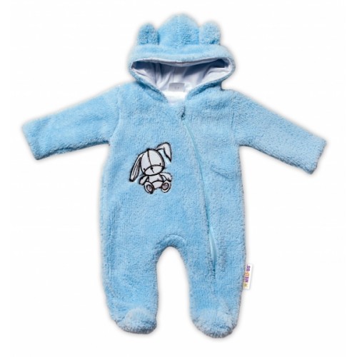 Baby Nellys Chlpáčkový overálek s kapucňou, Cute Bunny - modrý - 56 (1-2m)