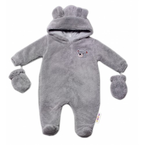Baby Nellys Chlpáčkový overal Luna s kapucňou + rukavičky, Macko, sivý, vel. 68 - 68 (3-6m)
