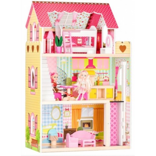 ECO TOYS Drevený domček pre bábiky s výťahom + 2 bábiky - Malinová rezidencia