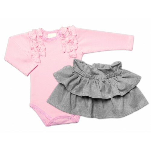 BABY NELLYS 2-dielna sada, body dl.rukáv + suknička Dance Baby, ružová/sivá, veľ. 80 - 80 (9-12m)