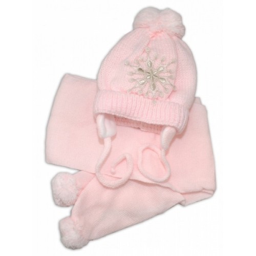 BABY NELLYS Zimná čiapočka s šálom - Snehová vločka v ružovej, 0/6m - 56-68 (0-6 m)