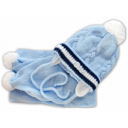 BABY NELLYS Zimná čiapočka s šálom - Baby - sv. modrá - biela brmbolce - 56-68 (0-6 m)
