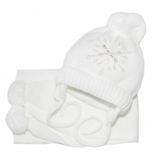 BABY NELLYS Zimná čiapočka s šálom - Snehová vločka v bielej, 0/6m - 56-68 (0-6 m)