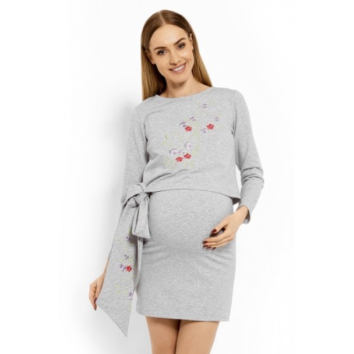 Be MaaMaa Elegantné tehotenské šaty, tunika s výšivkou a stuhou - jasno sivý (dojčiace) - S/M