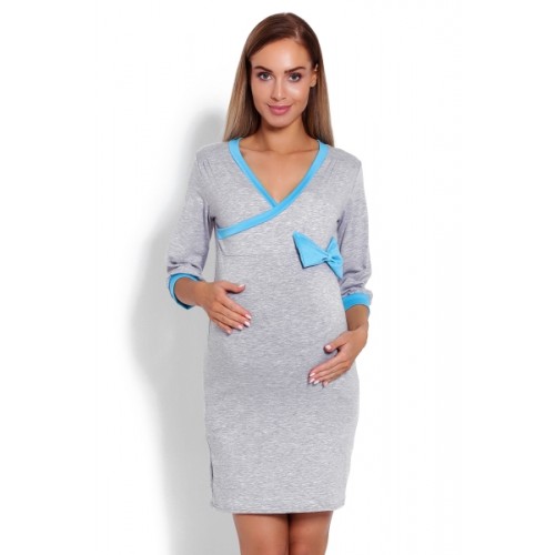 Be MaaMaa Pohodlná tehotenská, dojčiaca nočná košeľa s mašľou - šedá, veľ. L/XL - L/XL